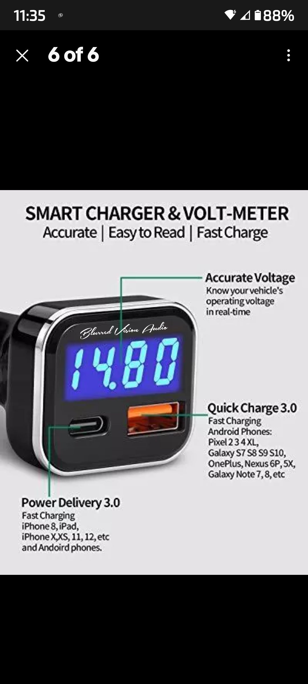 Blurred Vision Audio BV-KMD-KN318 Smart Car Charger With Voltage Read out USB C Adapter with Volt Meter, 30W C fast charging Blue Led