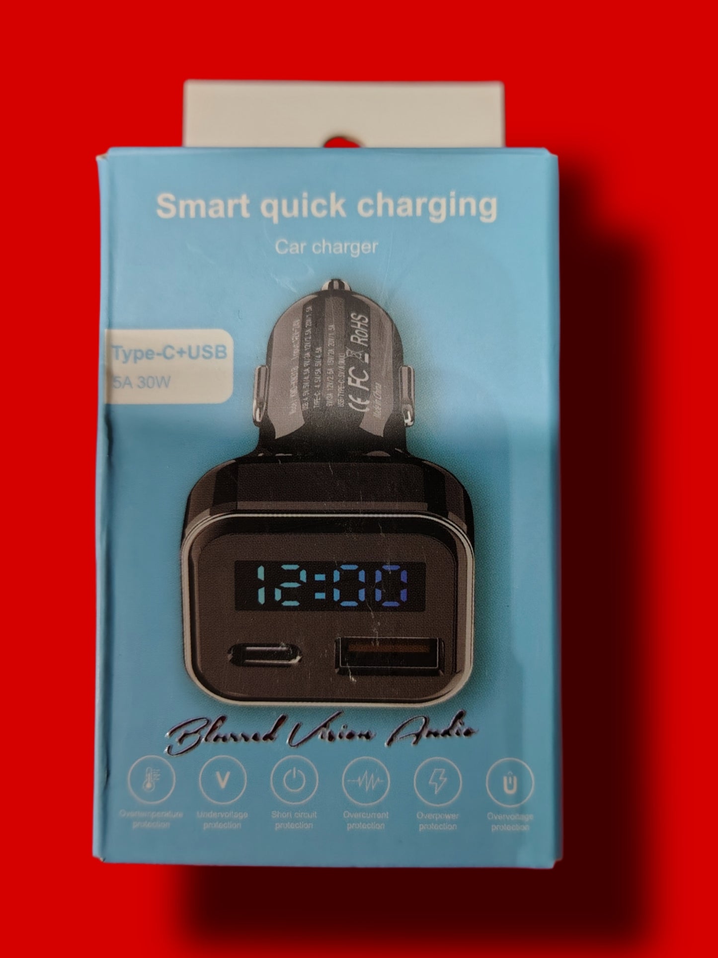 Blurred Vision Audio BV-KMD-KN318 Smart Car Charger With Voltage Read out USB C Adapter with Volt Meter, 30W C fast charging Blue Led