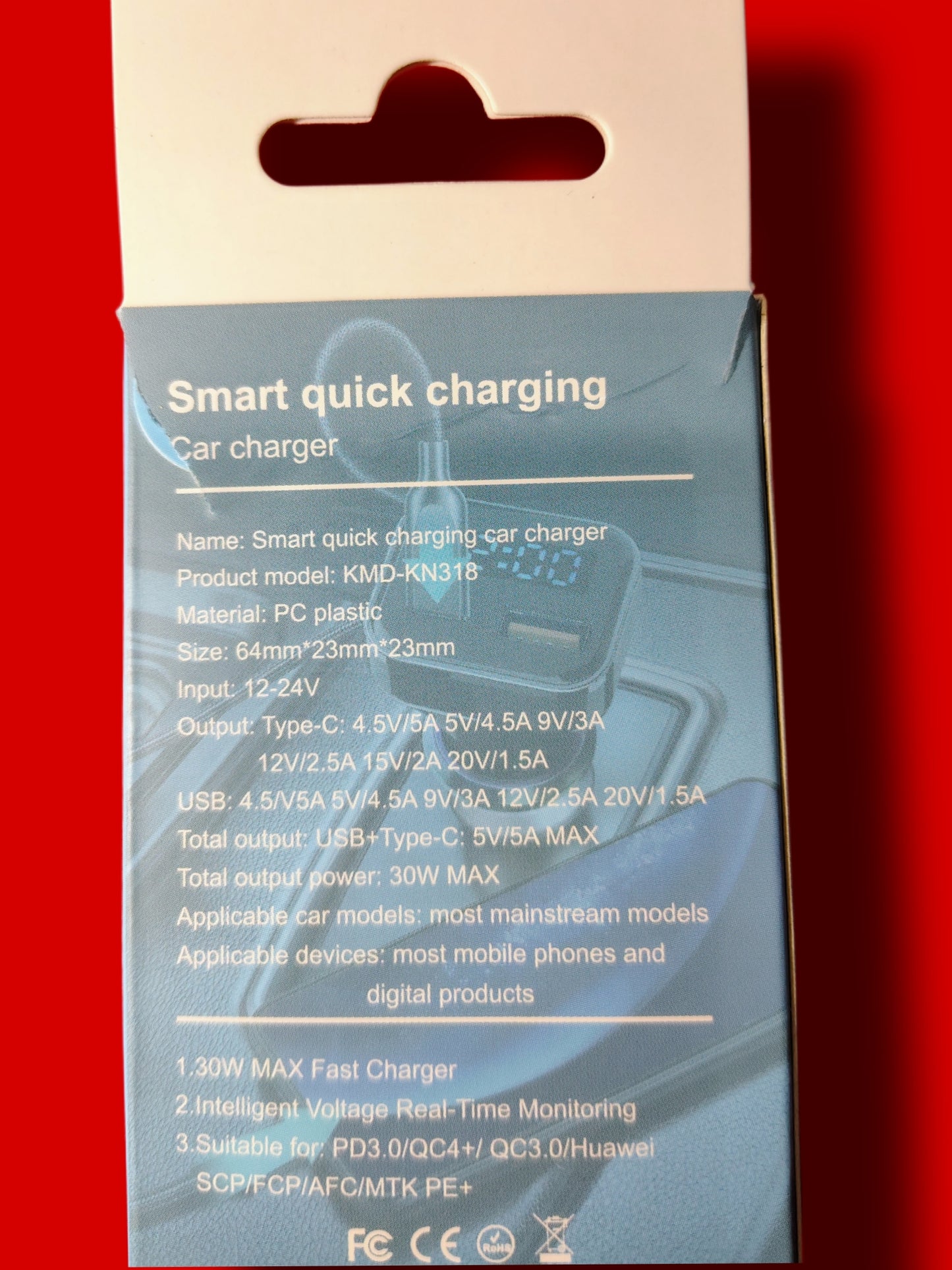 Blurred Vision Audio BV-KMD-KN318 Smart Car Charger With Voltage Read out USB C Adapter with Volt Meter, 30W C fast charging Blue Led