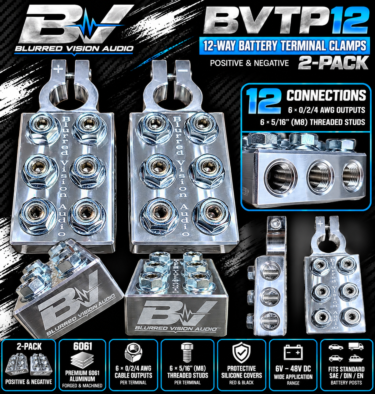 BLURRED VISION AUDIO
BVTP12 – Premium 12-Way Battery Terminal Clamps (2-Pack)