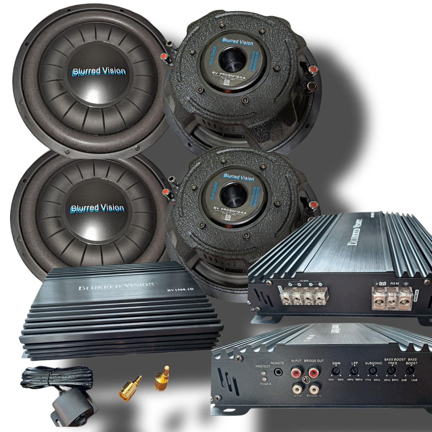 2*Blurred Vision Audio  BV-PROSM1244 Shallow Mount subwoofers 1* BV1500.1D AMPLIFIER
