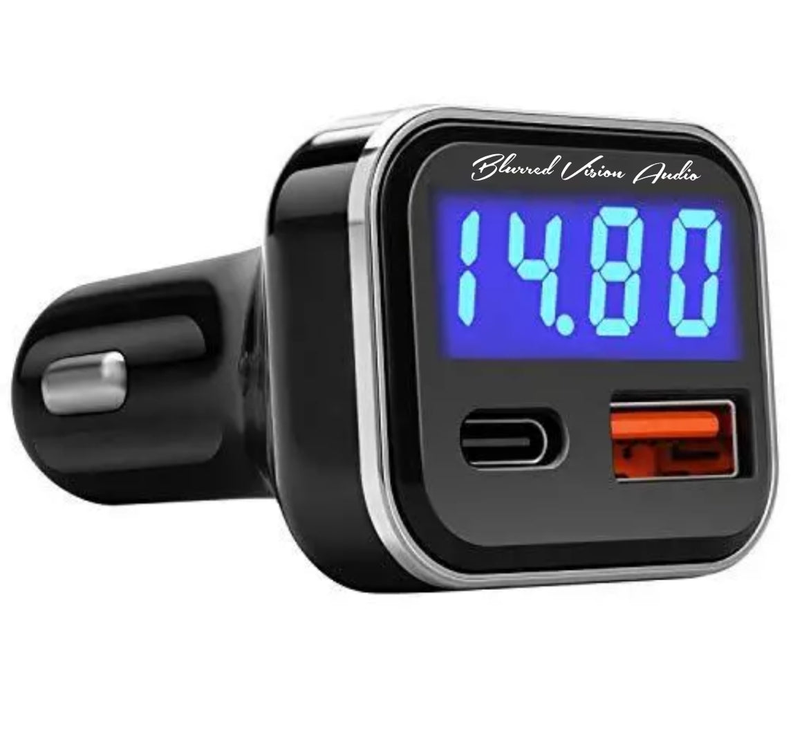 Blurred Vision Audio BV-KMD-KN318 Smart Car Charger With Voltage Read out USB C Adapter with Volt Meter, 30W C fast charging Blue Led