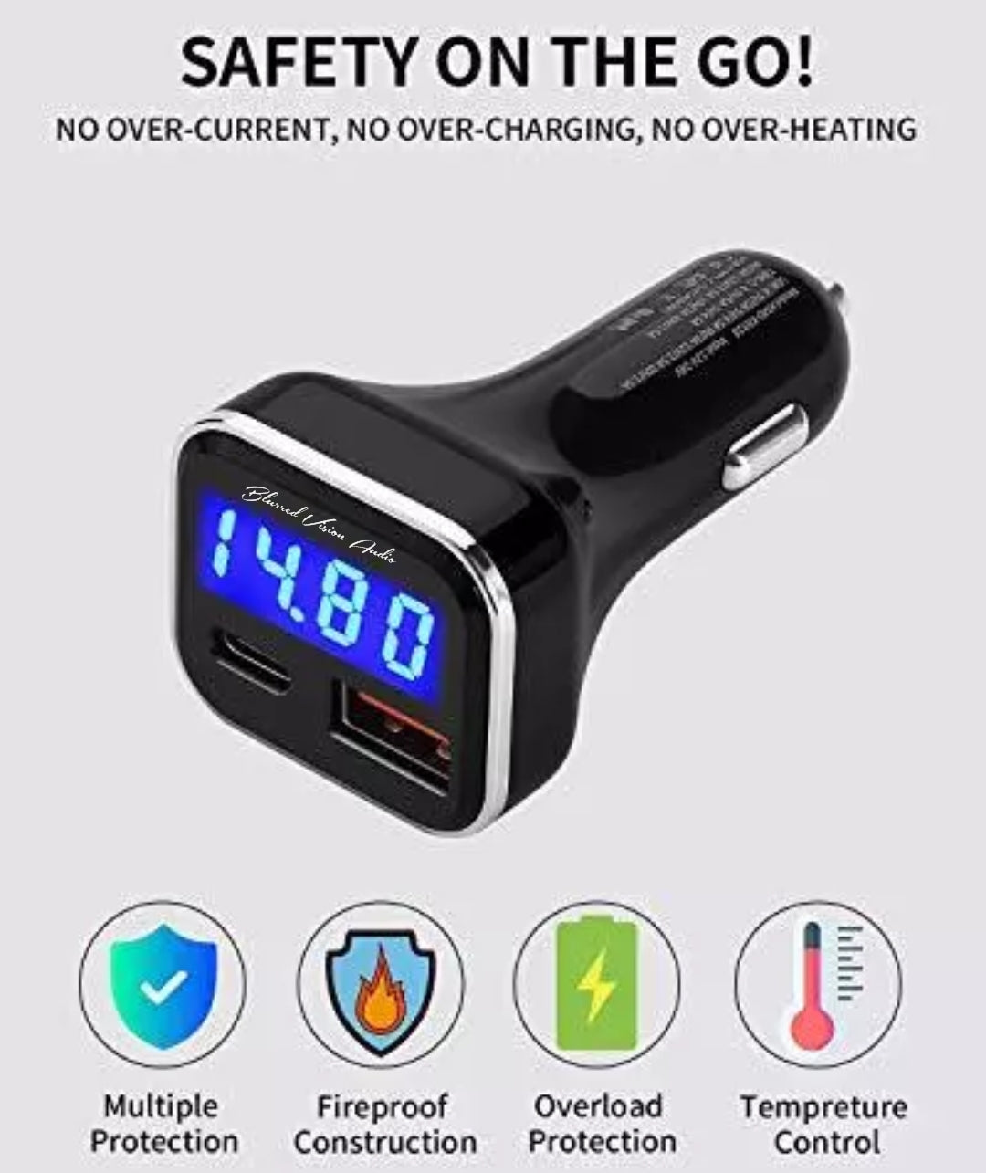 Blurred Vision Audio BV-KMD-KN318 Smart Car Charger With Voltage Read out USB C Adapter with Volt Meter, 30W C fast charging Blue Led