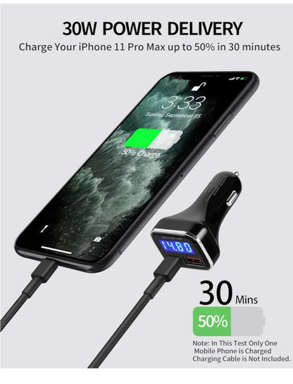 Blurred Vision Audio BV-KMD-KN318 Smart Car Charger With Voltage Read out USB C Adapter with Volt Meter, 30W C fast charging Blue Led