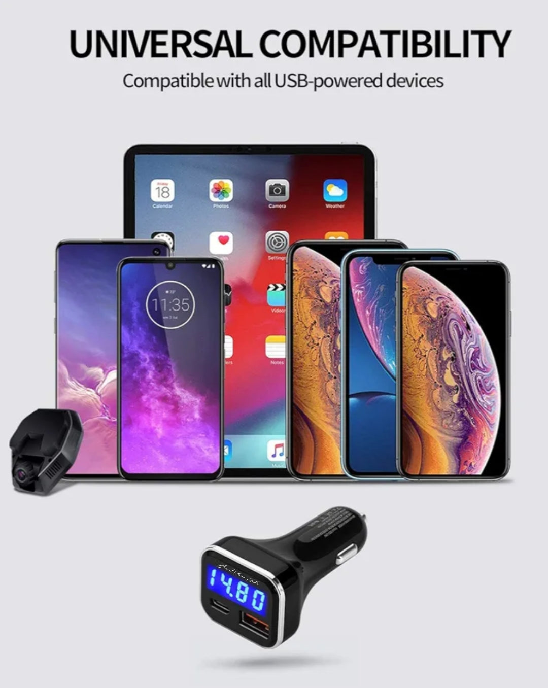 Blurred Vision Audio BV-KMD-KN318 Smart Car Charger With Voltage Read out USB C Adapter with Volt Meter, 30W C fast charging Blue Led