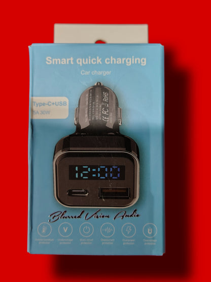 Blurred Vision Audio BV-KMD-KN318 Smart Car Charger With Voltage Read out USB C Adapter with Volt Meter, 30W C fast charging Blue Led