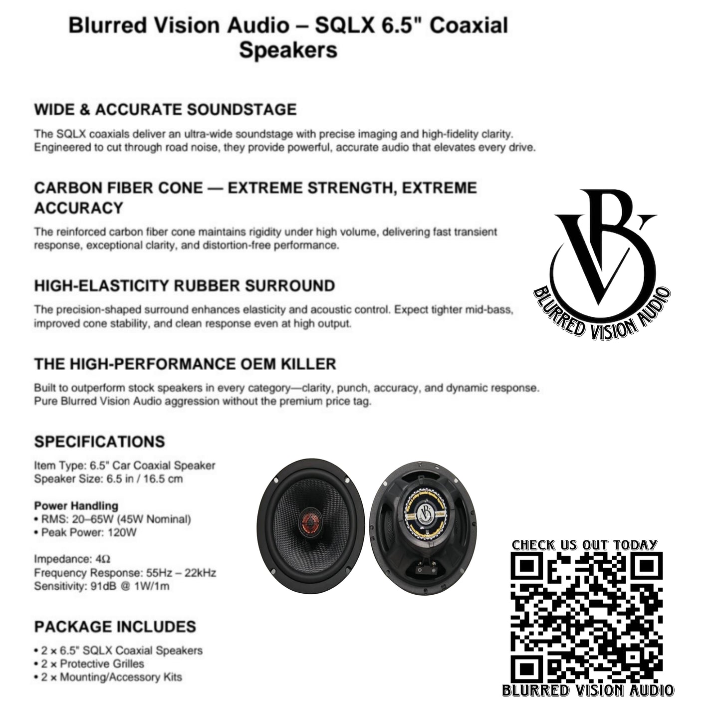 Blurred Vision Audio – 6.5" SQLX Coaxial Speakers (2 Pack Package Deal 4 Speakers)