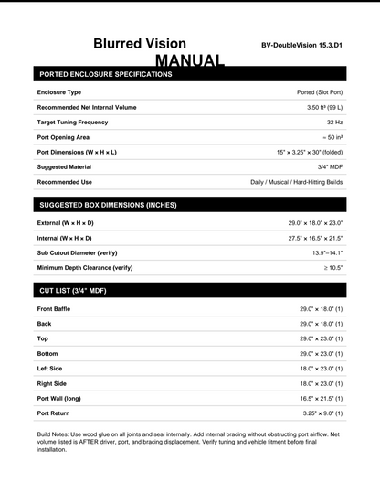 Blurred Vision BV-DoubleVision 15.3.D1 — 15" High-Excursion 5000 Watt Competition Subwoofer