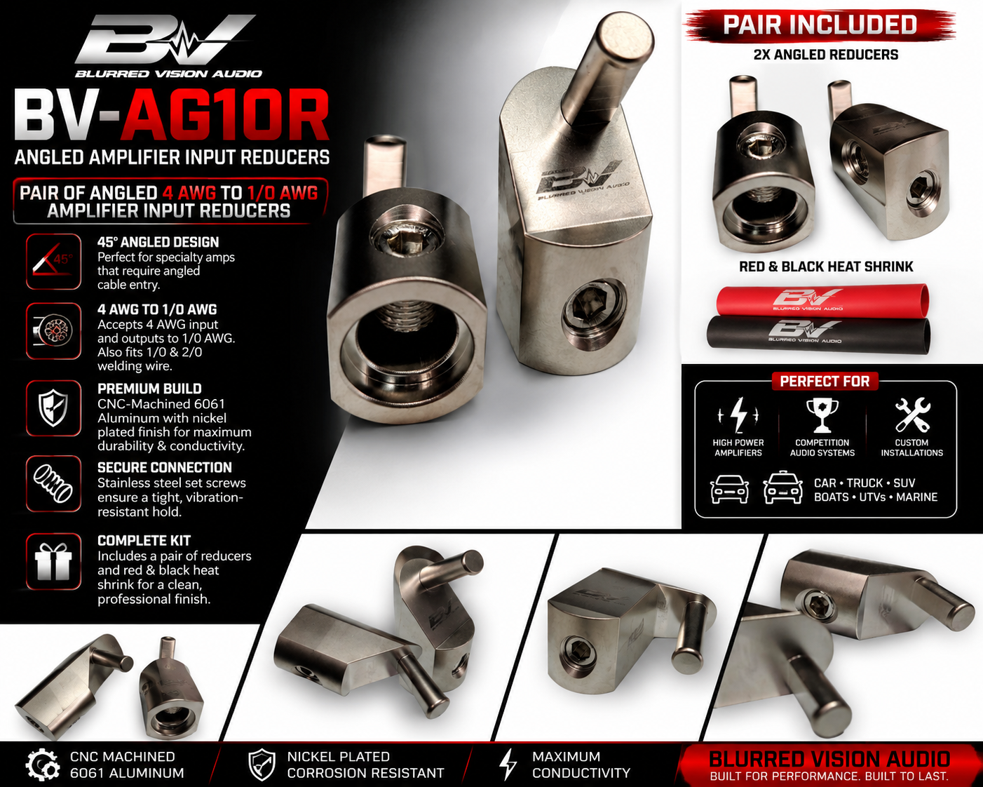 Blurred Vision Audio BV-AG10R
Pair of Angled Off Set 4 AWG to 1/0 AWG Amplifier Input Reducers
