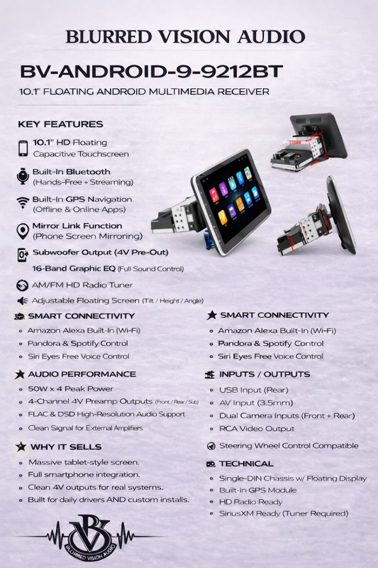 BLURRED VISION AUDIO PACKAGE DEAL 
 BV-ANDROID-9-9212BT 10.1" Floating Screen Radio+(4) SQLX 6.5" Coaxial Speakers
COMPLETE AUDIO UPGRADE PACKAGE