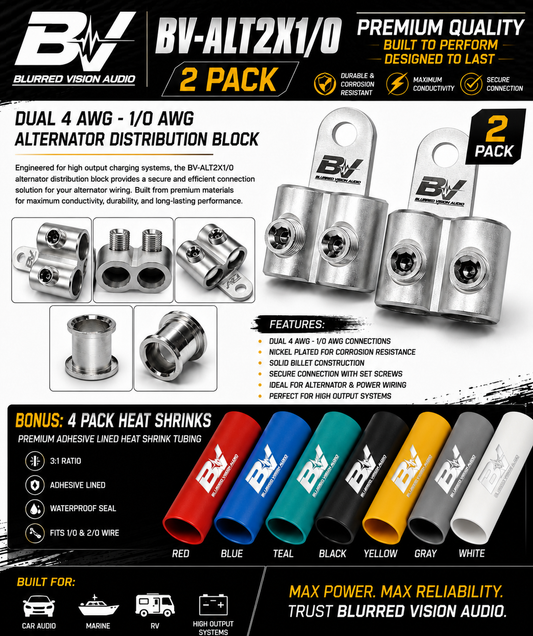 Blurred Vision Audio BV-ALT2X1/0
2-Pack Alternator Distribution Power/Ground Block + 4 Heat Shrinks Included