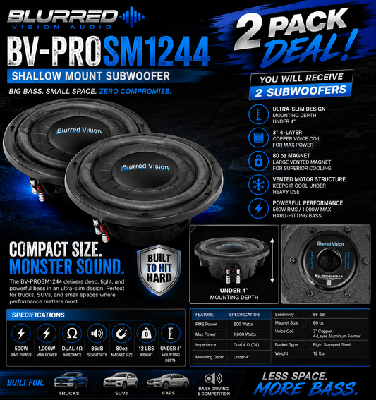 2*Blurred Vision Audio  BV-PROSM1244(Shallow Mount) (2 Pack Package Deal 2 Subwoofers)