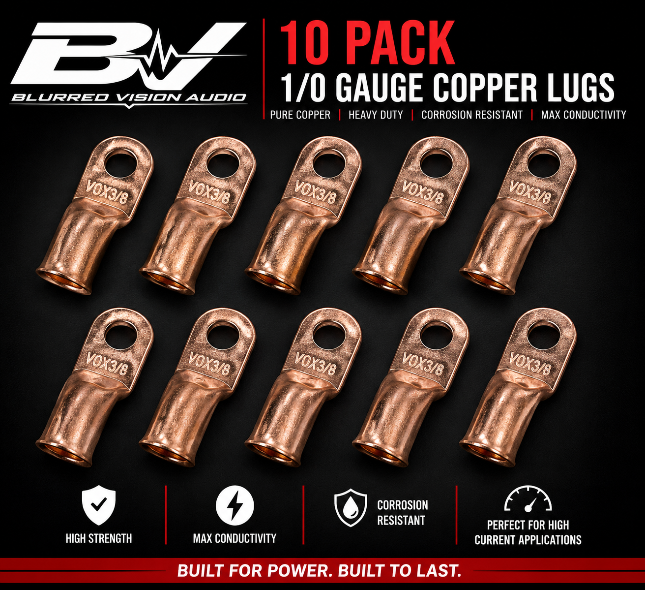 Blurred Vision Audio BVCT 1/0 GA Copper Ring Terminals – (10 Pack)