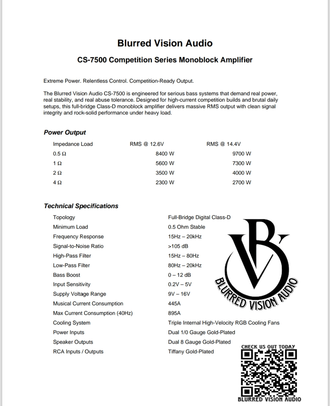 Blurred Vision Audio CS-7500 Competition Series Monoblock Amplifier (7500RMS) 0.5 Ohm