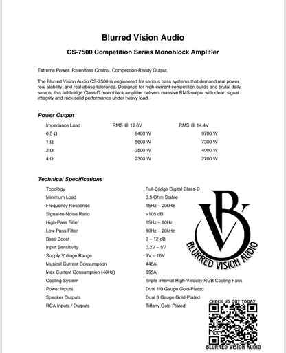 Blurred Vision Audio CS-7500 Competition Series Monoblock Amplifier (7500RMS) 0.5 Ohm