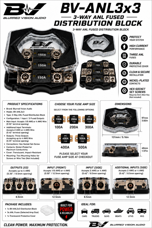 Blurred Vision Audio BV-ANL3X3
3-Way ANL Fused Power Distribution Block Includes Three Installed ANL Fuses