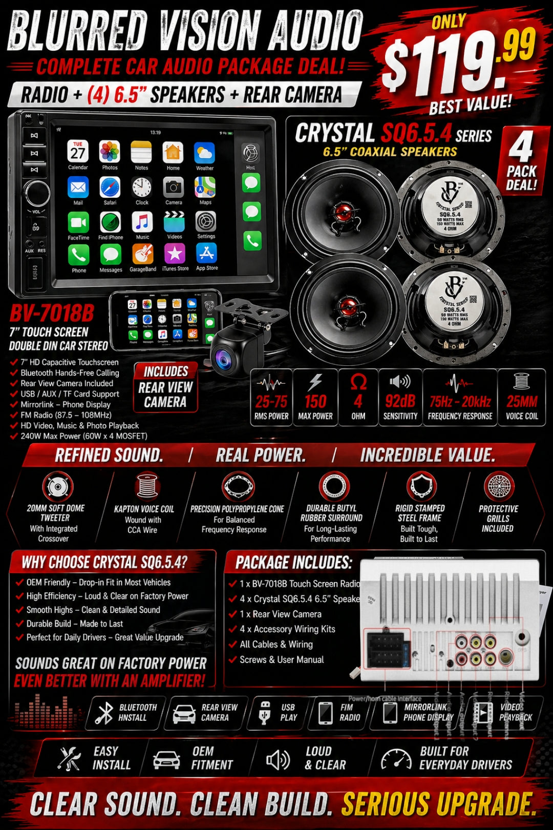 Blurred Vision Audio BV-7018B 7” Touchscreen Double Din Radio(4) Crystal SQ6.5.4 6.5” Speakers