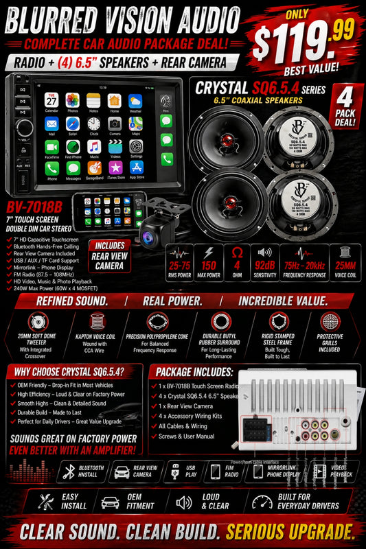 Blurred Vision Audio BV-7018B 7” Touchscreen Double Din Radio(4) Crystal SQ6.5.4 6.5” Speakers