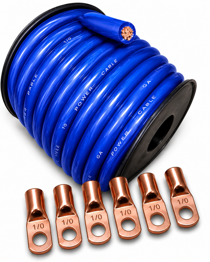 Blurred Vision Audio 0 Gauge 50 Feet Power/Ground Battery Wire Cables (BLUE)(Prototype) With 6 Copper Lugs