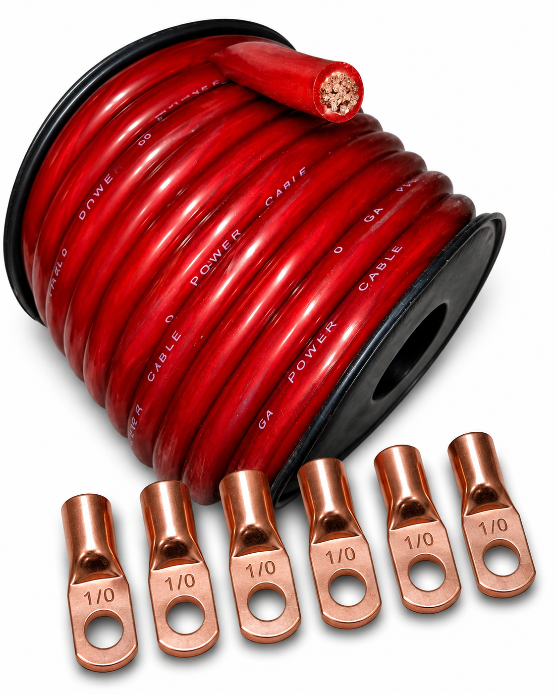 Blurred Vision Audio 0 Gauge 50 Feet Power/Ground Battery Wire Cables (RED)(Prototype)With 6 Copper Terminals