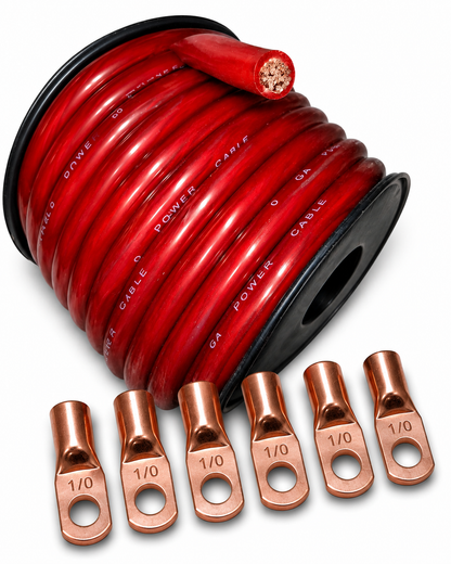 Blurred Vision Audio 0 Gauge 50 Feet Power/Ground Battery Wire Cables (RED)(Prototype)With 6 Copper Terminals