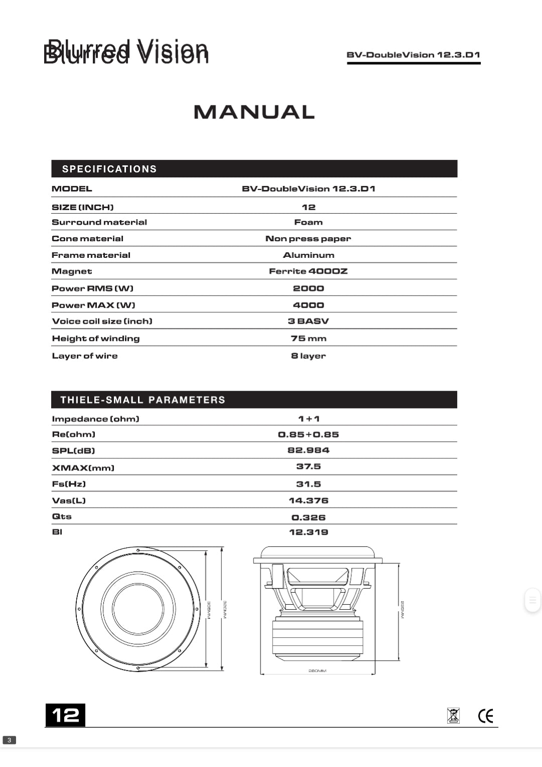 Blurred Vision BV-DoubleVision 12.3.D1 — 12" High-Excursion 3" 8 Layer Coil 4000 Watt Competition Subwoofer