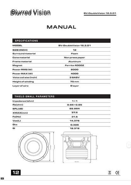 Blurred Vision BV-DoubleVision 12.3.D1 — 12" High-Excursion 3" 8 Layer Coil 4000 Watt Competition Subwoofer