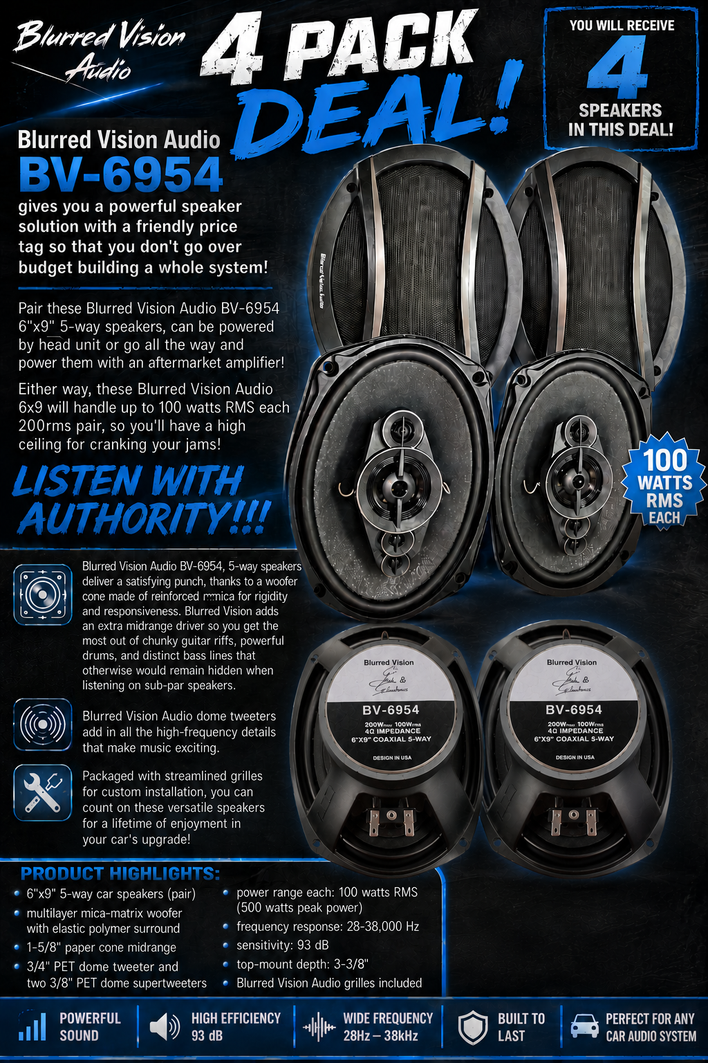 4*Blurred Vision Audio BV-6954-5 Way (2 Pack Package Deal 4 Speakers)